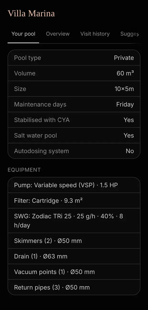 Pool Health app: pool profile and equipment